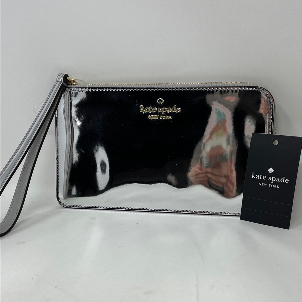 KATE SPADE NEW YORK LUCY MED L ZIP WALLET WRISTLET SILVER MIRROR METALLIC NWT